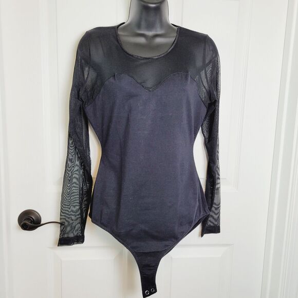 Corinna Fashions Tops - Vintage Corinna Bodysuit Large Black Mesh Sheer Sweetheart Goth Whimsigoth Y2K
